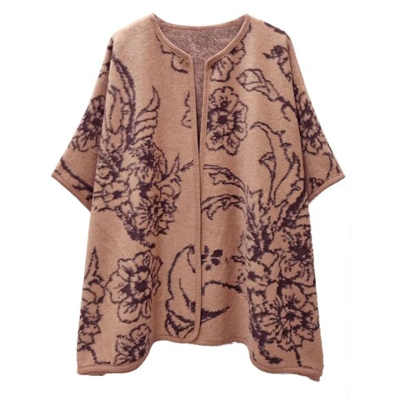 Kimono Ruana Acrylic Camel Flower Knit - Picture 2 of 4